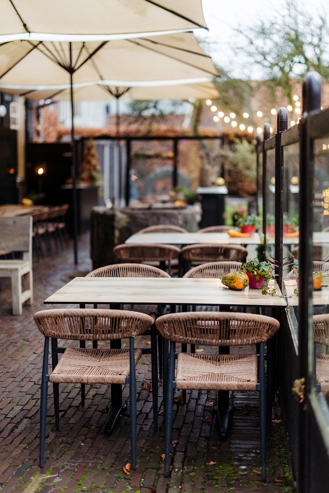 Tuinterras met lichtsnoeren en wicker stoelen achter het restaurant